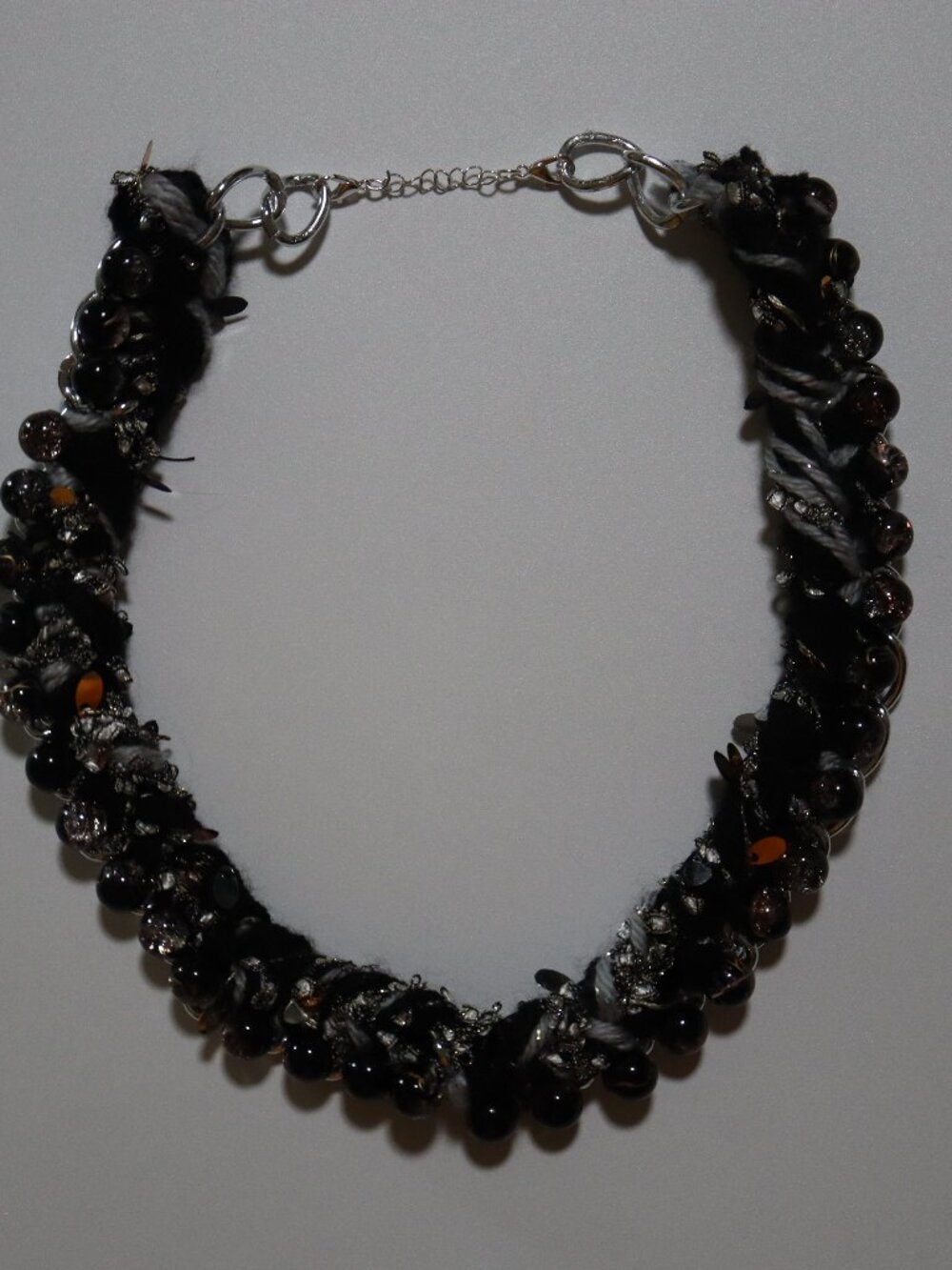 necklace, beaded, braided handmade black, silver and gold